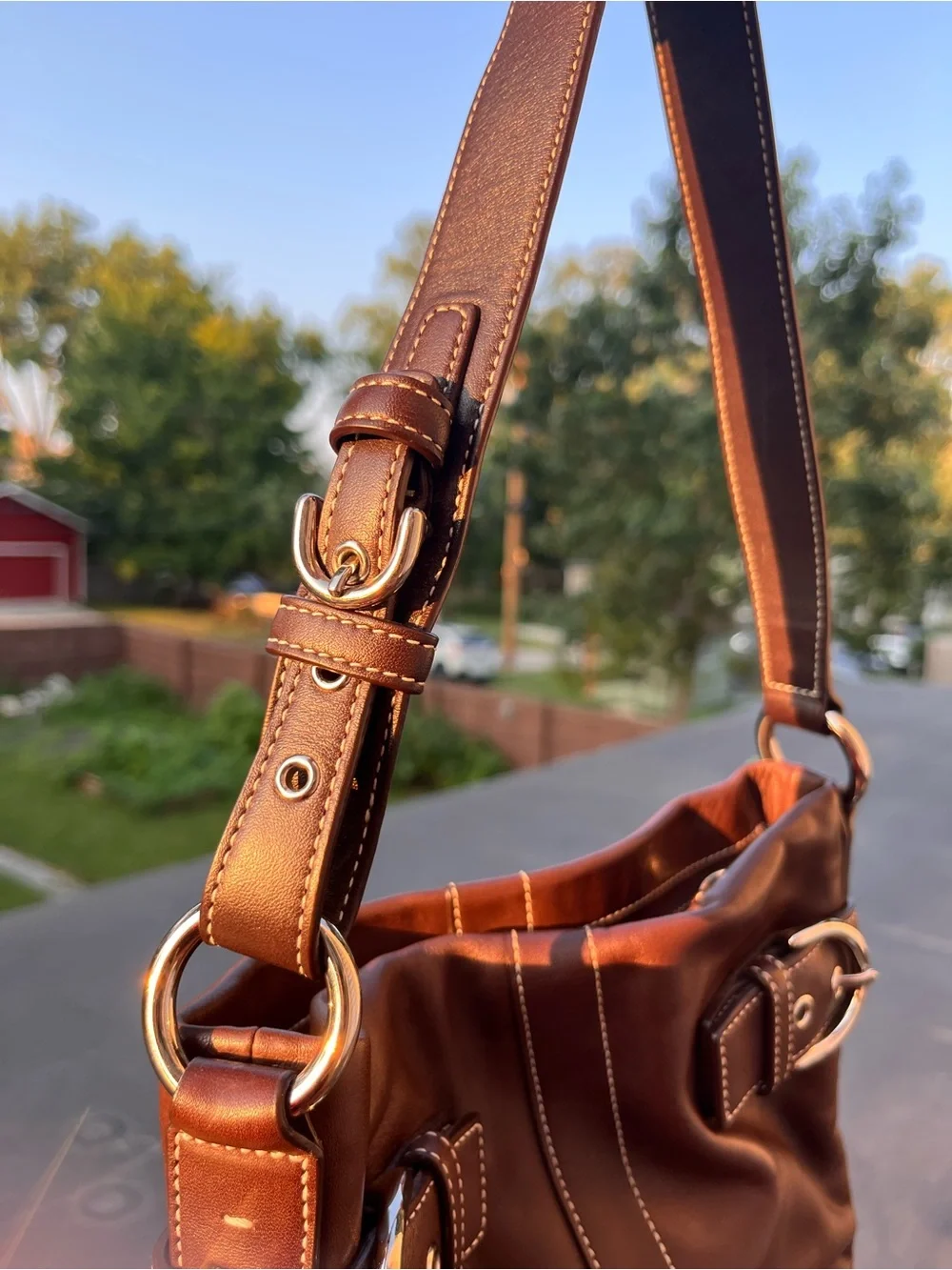 Coach Soho Brown Leather Shoulder Bag with Double Buckle Detail